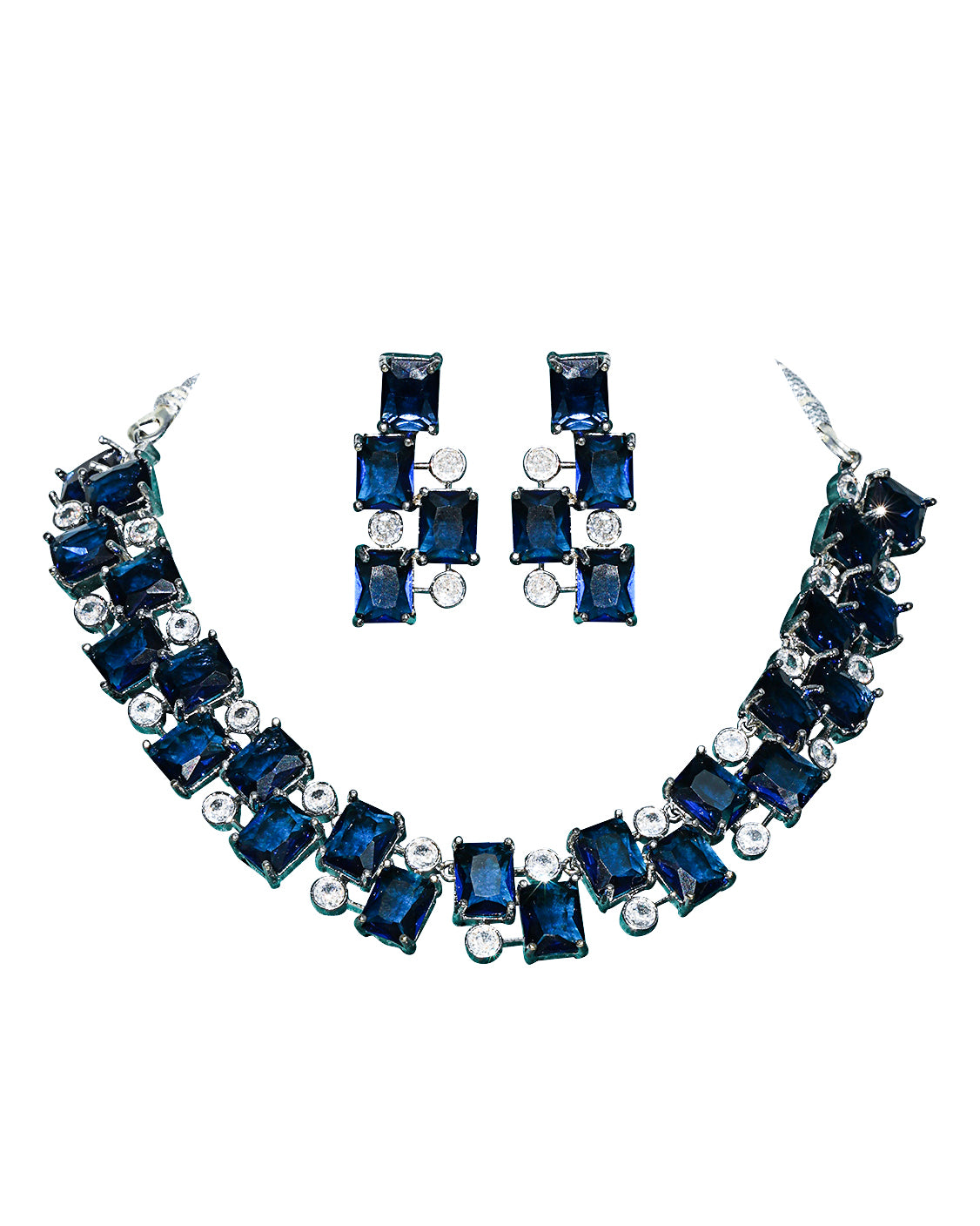 Classic Navy Blue & White Coloured Premium American Diamonds Silver Necklace Set