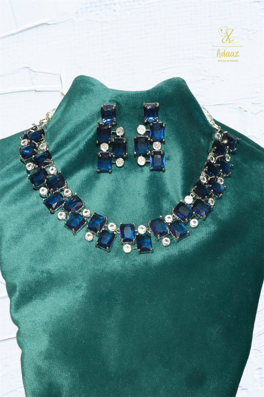Classic Navy Blue & White Coloured Premium American Diamonds Silver Necklace Set