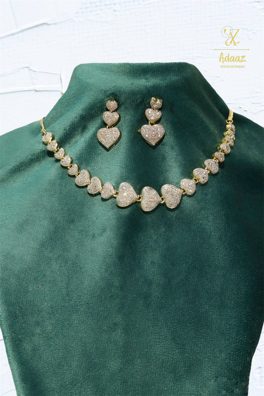 Stunning Gold-Plated American Diamond Heart Shape Combo Necklace Set