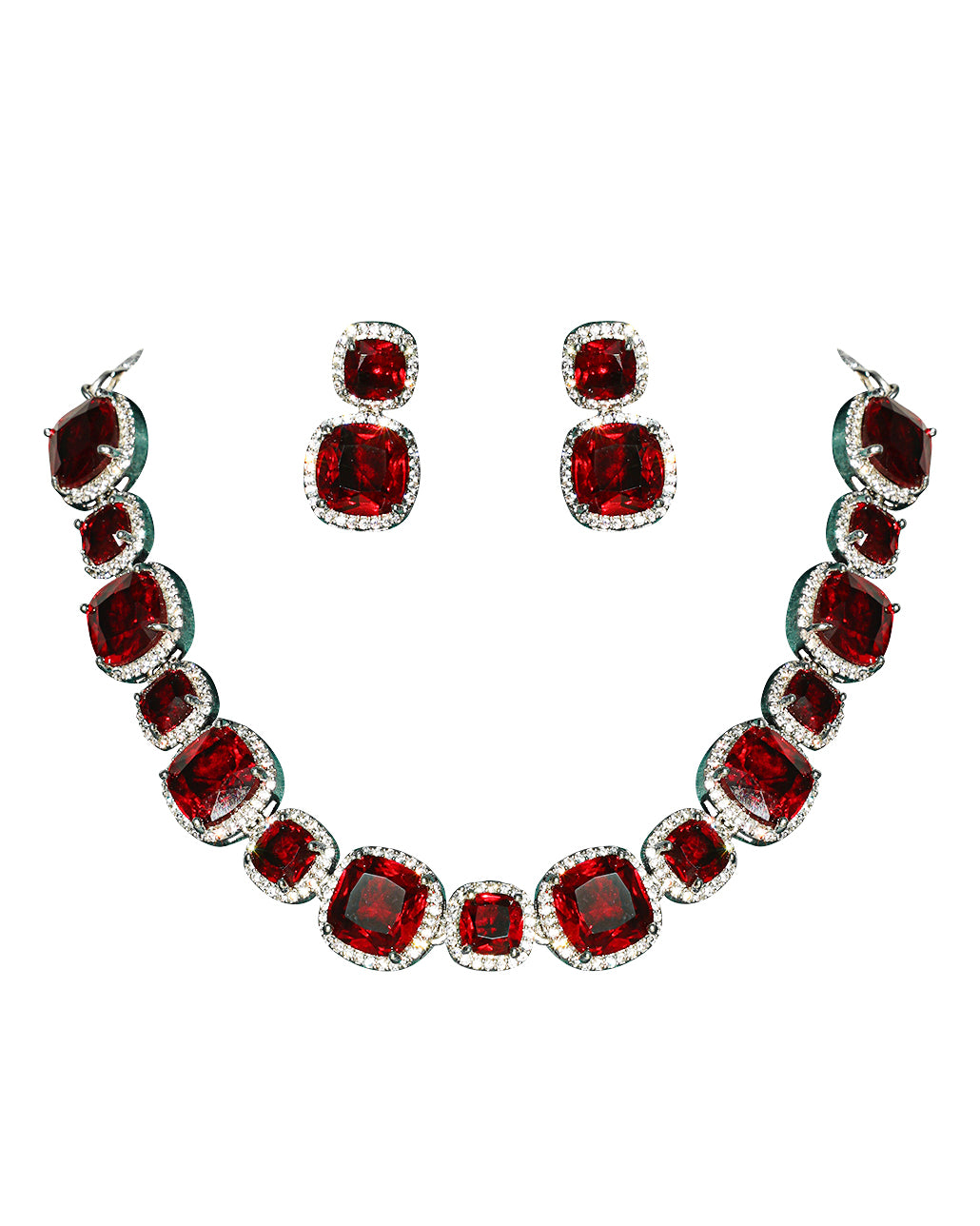 Elegant Red Square American Diamond Choker Necklace Set