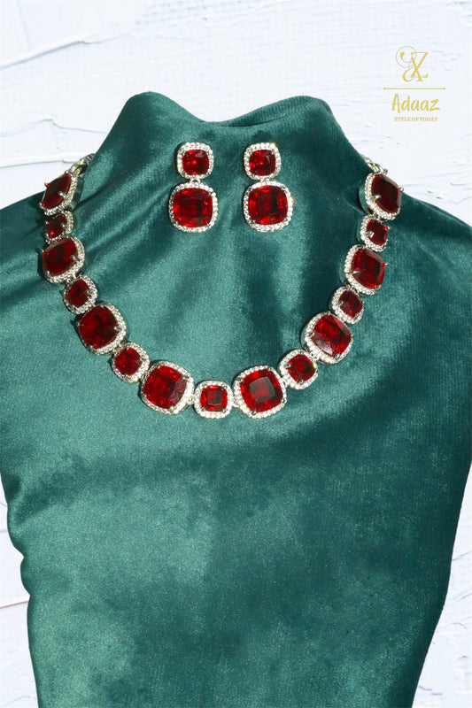 Elegant Red Square American Diamond Choker Necklace Set