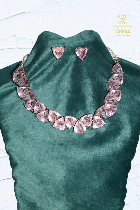 Baby Pink Trigon Cubic Zirconia (AD) Choker Necklace Set