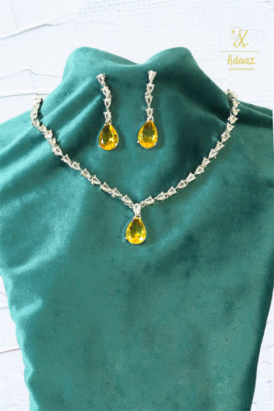 Sparkling Pear Design Yellow Cubic Zirconia Necklace Set