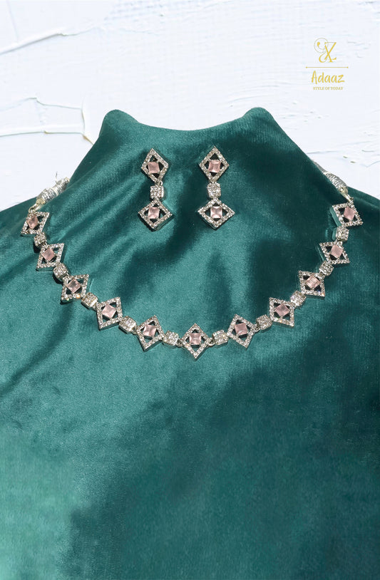 Cute Pink Square Shape American Diamond White Polish Choker Necklace Set