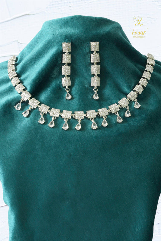 Elegant White Square AD Nano Setting with Pear Drops Necklace Set