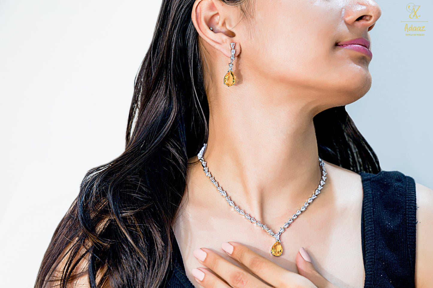Sparkling Pear Design Yellow Cubic Zirconia Necklace Set