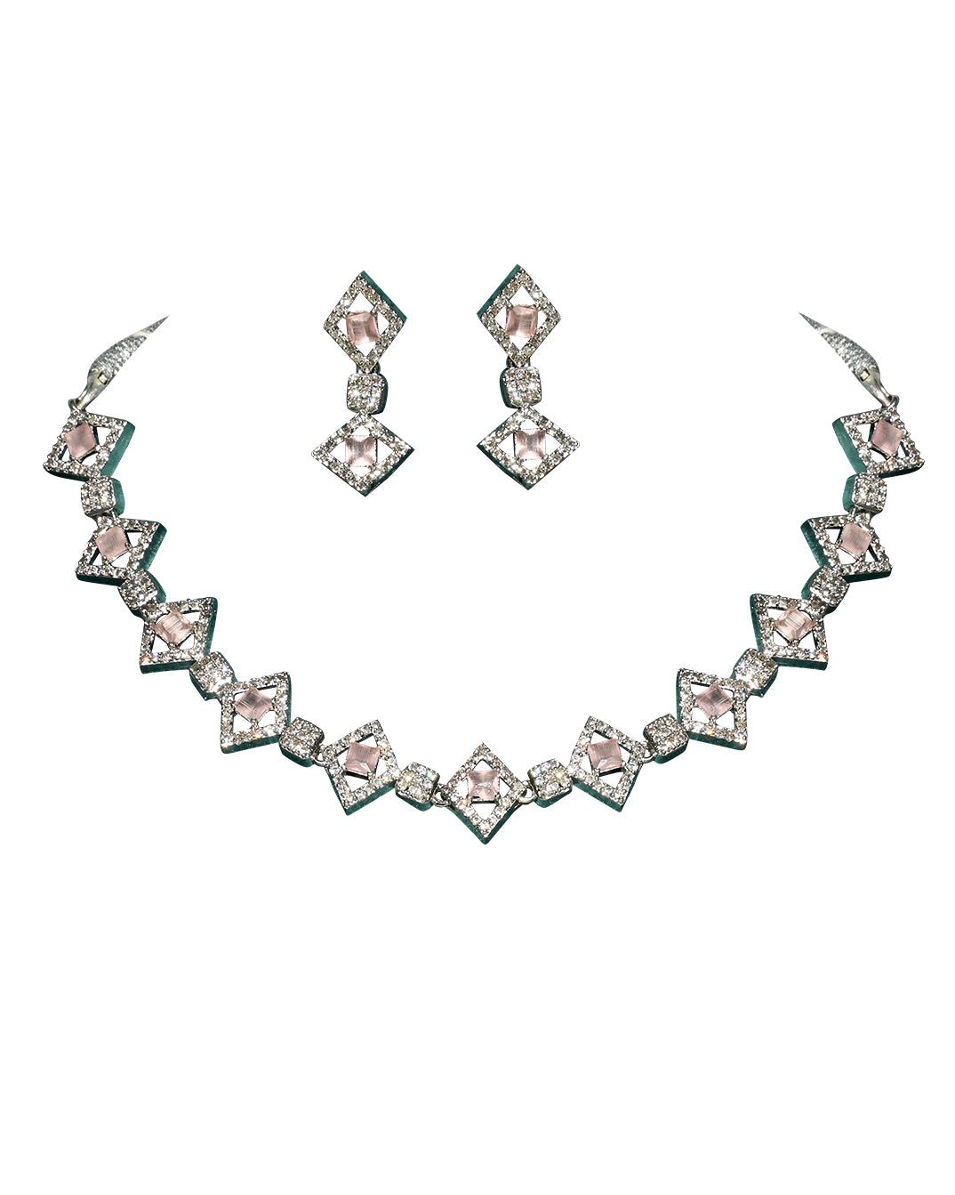 Cute Pink Square Shape American Diamond White Polish Choker Necklace Set