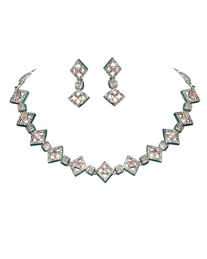 Cute Pink Square Shape American Diamond White Polish Choker Necklace Set