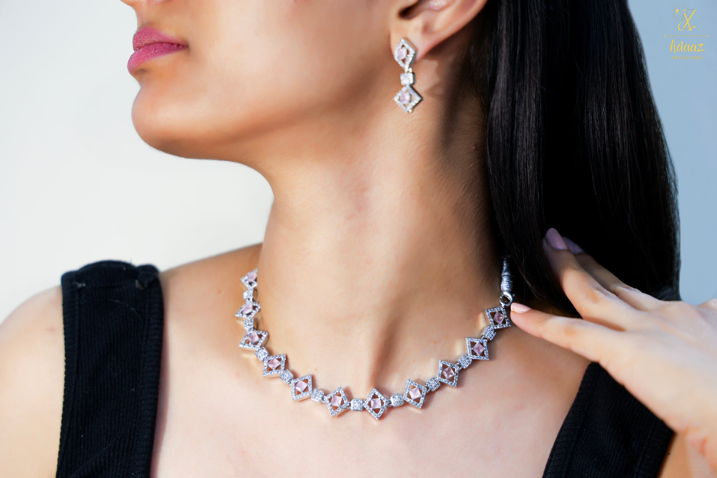 Cute Pink Square Shape American Diamond White Polish Choker Necklace Set