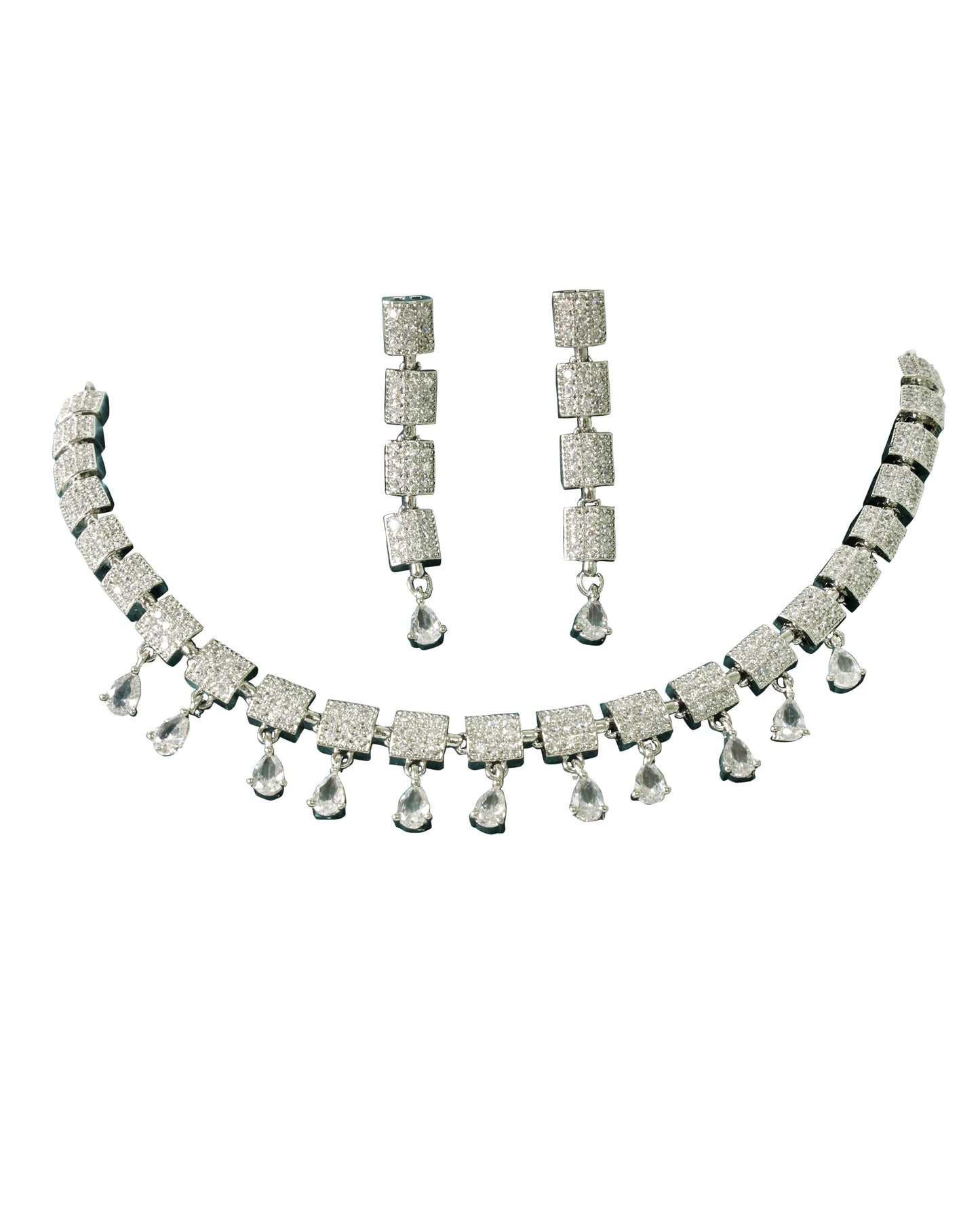 Elegant White Square AD Nano Setting with Pear Drops Necklace Set