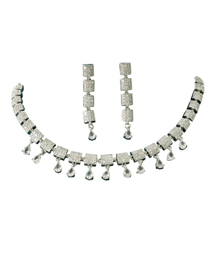 Elegant White Square AD Nano Setting with Pear Drops Necklace Set