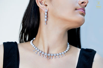 Elegant White Square AD Nano Setting with Pear Drops Necklace Set