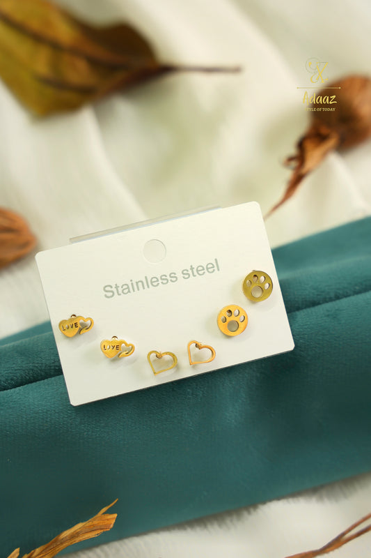 Cute Stainless Steel Studs Pack Of 3 Pairs - Paw, Heart and Love