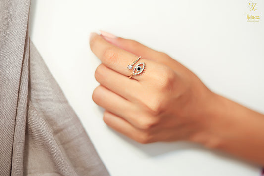 Anti-Tarnish Cubic Zirconia Studded Evil Eye Finger Ring - Gold