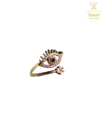 Anti-Tarnish Cubic Zirconia Studded Evil Eye Finger Ring - Gold